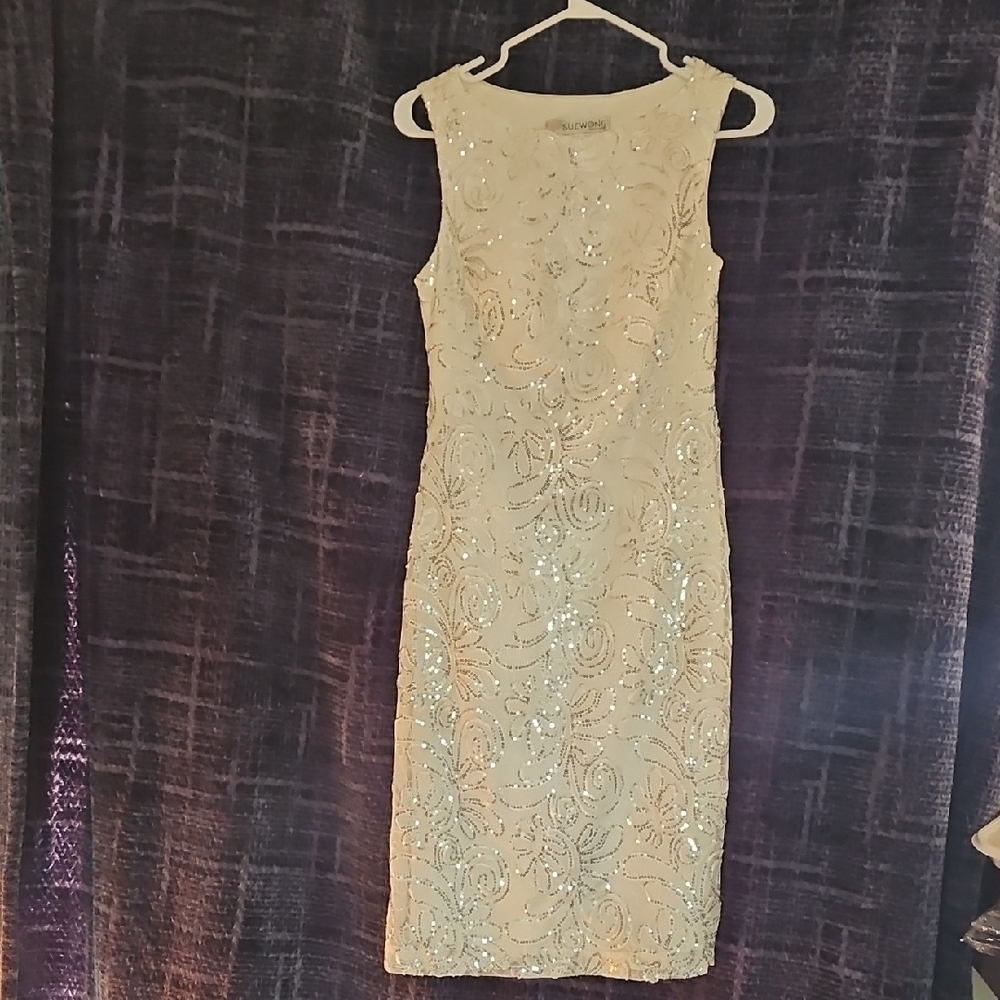 Sue Wong Elegant Cream Sequin Midi Dress
